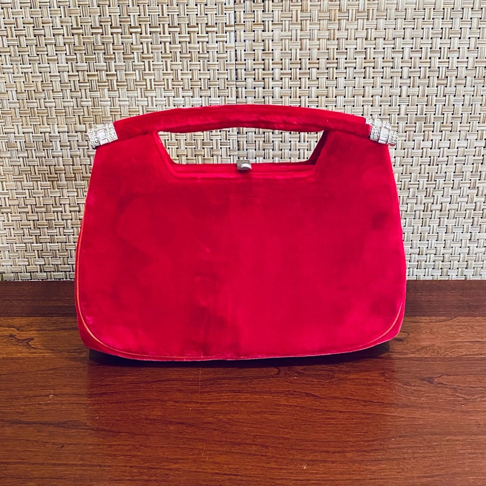 SOLD🌟3xHP🌟VTG 1960s Red Velvet Top Handle Clutch Rhinestone Accents B. Davis - Picture 1 of 15